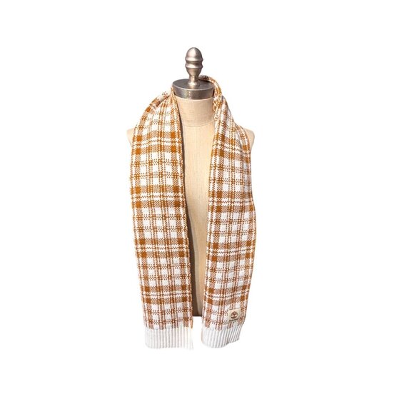 Timberland Buffalo Plaid Knit Scarf Tan & Off White 10" x 60" Unisex Classic - Picture 8 of 9